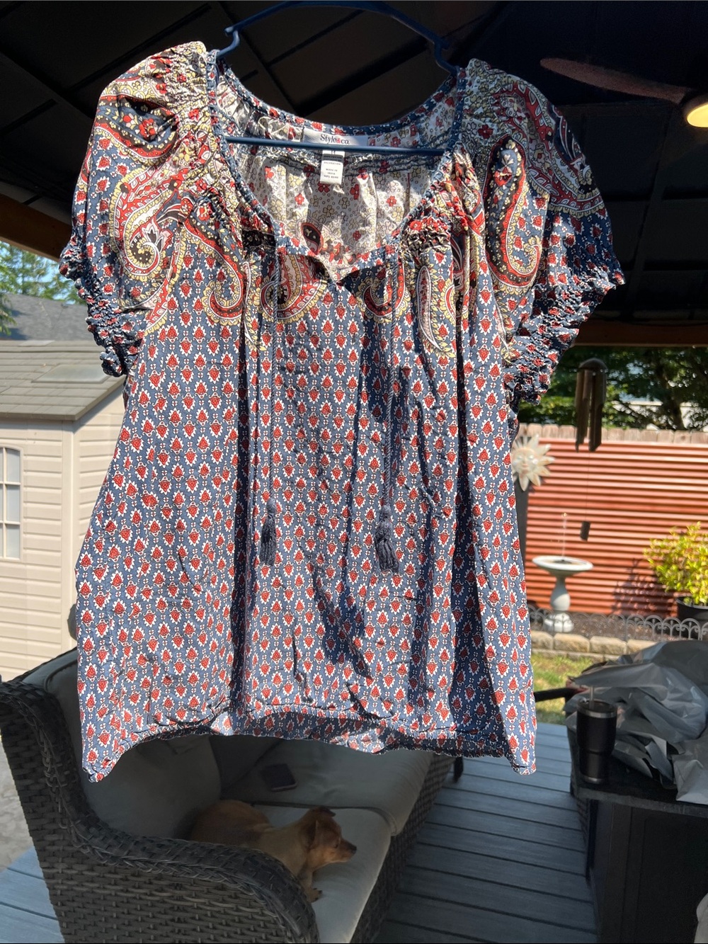Style & Co. Navy Paisley Short Sleeve Peasant Blouse with Tassel Tie